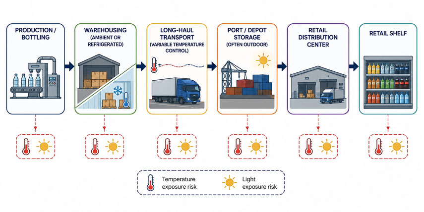 Beverage supply chain stages with temperature and light exposure risks at each step.