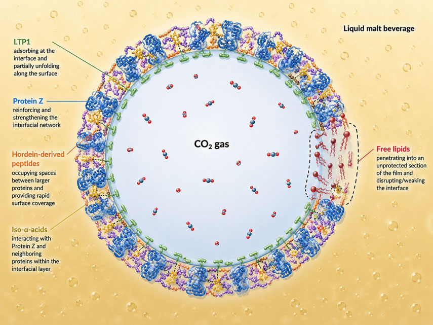 Functional organization of malt proteins around a carbon dioxide bubble