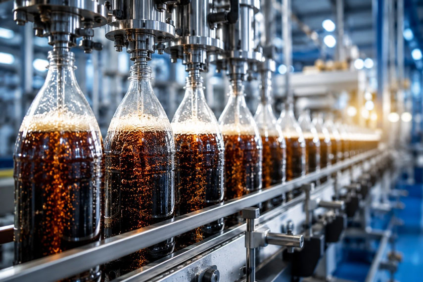Automated carbonated beverage bottling line filling plastic bottles