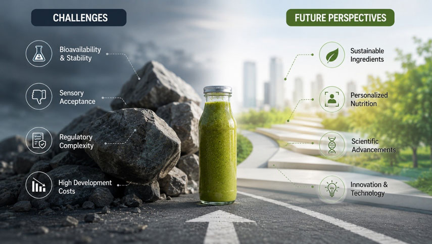 Conceptual image contrasting functional beverage industry challenges against future opportunities for innovation and growth.