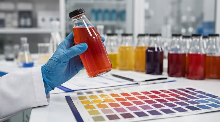 Food scientist in a lab testing beverage colorants with a color chart and sample bottles.