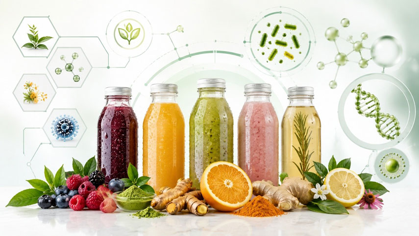 Functional beverage bottles with natural ingredients like berries, turmeric, and ginger, alongside probiotic and DNA graphics.