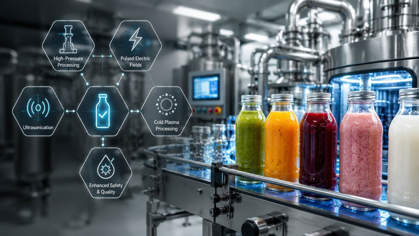 Functional beverage production line highlighting non-thermal processing technologies.