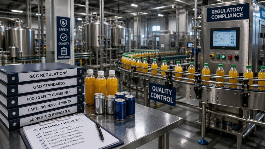 GCC compliance binders and checklist at a beverage manufacturing line.