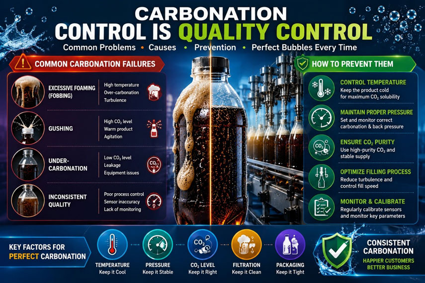Infographic of common carbonation failures in beverage bottling and prevention methods
