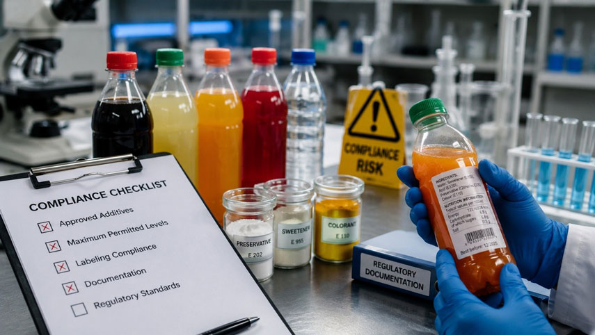 Inspector verifying beverage additive labels and a compliance checklist in a lab setting.