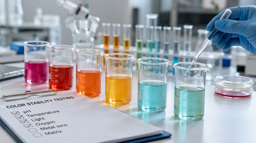 Lab beakers with colored solutions next to a color stability testing checklist.